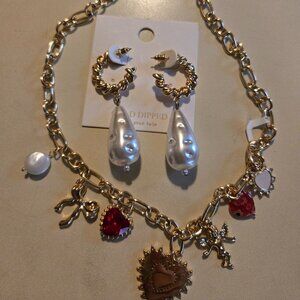 7 charm gold necklace with coordinating hoop earrings, NWT
